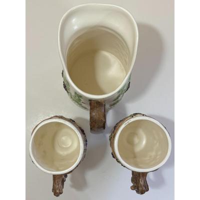 Vintage Ceramic Pitcher With 2 Mugs Floral Grapes Leaves Brown Green Purple