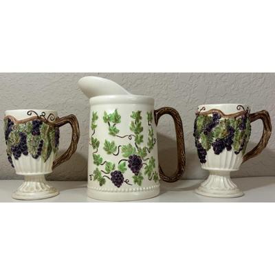 Vintage Ceramic Pitcher With 2 Mugs Floral Grapes Leaves Brown Green Purple