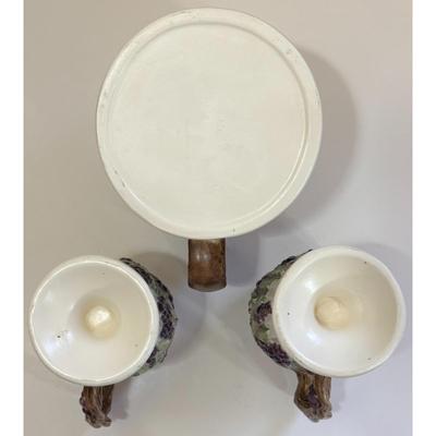 Vintage Ceramic Pitcher With 2 Mugs Floral Grapes Leaves Brown Green Purple