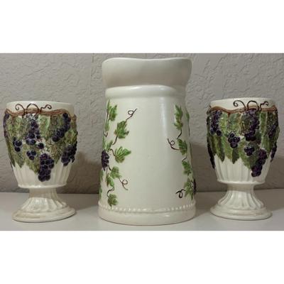 Vintage Ceramic Pitcher With 2 Mugs Floral Grapes Leaves Brown Green Purple