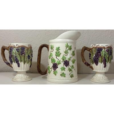Vintage Ceramic Pitcher With 2 Mugs Floral Grapes Leaves Brown Green Purple