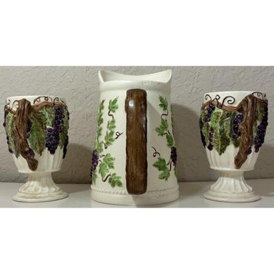 Vintage Ceramic Pitcher With 2 Mugs Floral Grapes Leaves Brown Green Purple