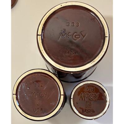 3 Vintage McCoy Brown Milk Can Canisters Jars Made In USA 331, 332, 333