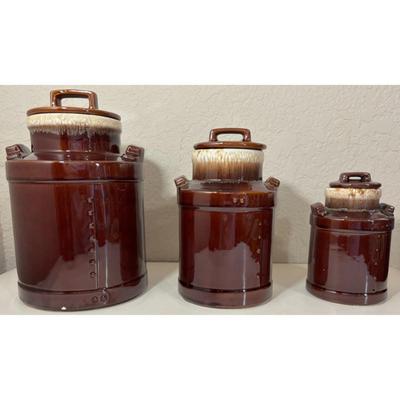 3 Vintage McCoy Brown Milk Can Canisters Jars Made In USA 331, 332, 333