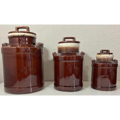 3 Vintage McCoy Brown Milk Can Canisters Jars Made In USA 331, 332, 333