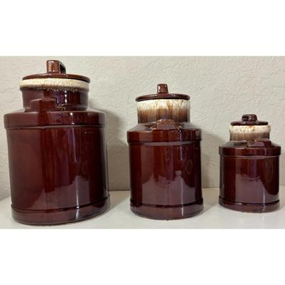 3 Vintage McCoy Brown Milk Can Canisters Jars Made In USA 331, 332, 333