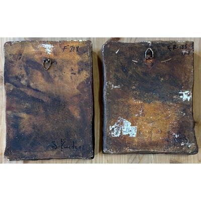 2 Vintage Sharon Kurtz Pottery Wall Art Tile Plaques Panel Block Signed Decor