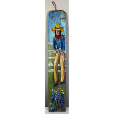 Ware Western Cowgirl Hand Painted Wood Plaque Americana Southwest Bluebonnet