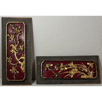Vintage Pair Tall Chinese Wood Carving Panel Wall Decor Floral Birds Red Gold