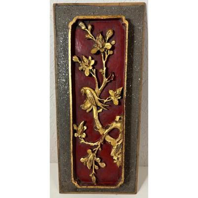 Vintage Pair Tall Chinese Wood Carving Panel Wall Decor Floral Birds Red Gold