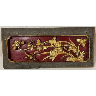 Vintage Pair Tall Chinese Wood Carving Panel Wall Decor Floral Birds Red Gold