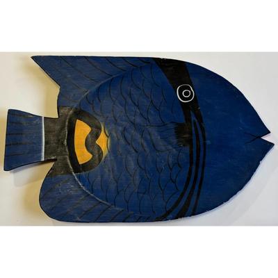 Vintage Handmade Hand Painted Wood Blue Tropical Fish Made In Indonesia