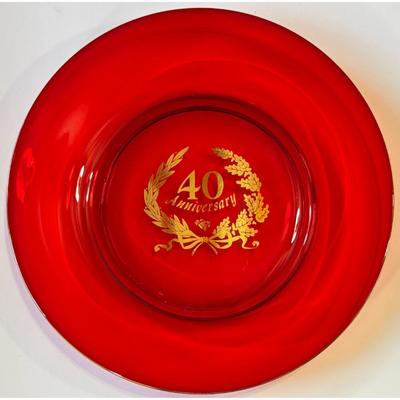 Vintage 40 Anniversary Round Red Glass 10 3/8" Plate Gold Trim & Lettering