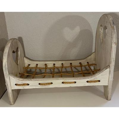 Vintage White Wooden 18.5" Long by 10.75" Wide Doll Rope Bed Hearts Furniture