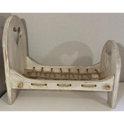 Vintage White Wooden 18.5" Long by 10.75" Wide Doll Rope Bed Hearts Furniture