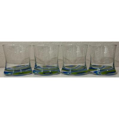 4 Vintage Blue Green White Swirl Old Fashioned MCM Whiskey Glasses Psychedelic
