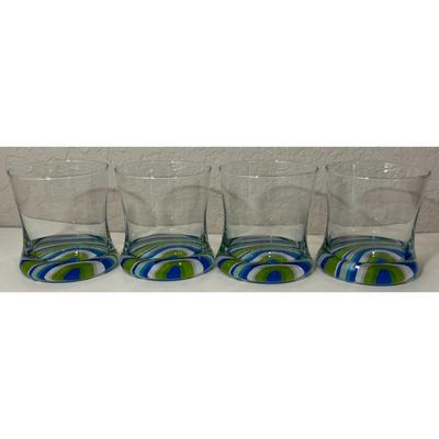 4 Vintage Blue Green White Swirl Old Fashioned MCM Whiskey Glasses Psychedelic