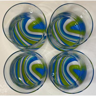 4 Vintage Blue Green White Swirl Old Fashioned MCM Whiskey Glasses Psychedelic