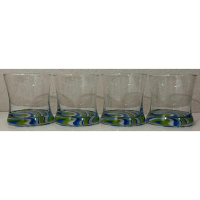 4 Vintage Blue Green White Swirl Old Fashioned MCM Whiskey Glasses Psychedelic