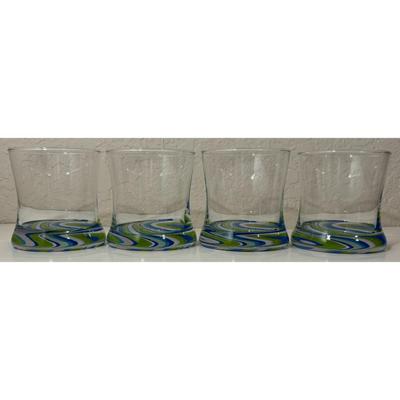 4 Vintage Blue Green White Swirl Old Fashioned MCM Whiskey Glasses Psychedelic