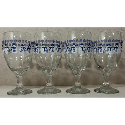 4 Vintage Libbey Snowmen Goblets Blue White Glasses Winter Snow Holidays - A