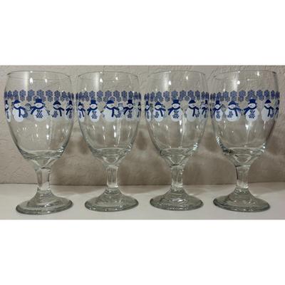 4 Vintage Libbey Snowmen Goblets Blue White Glasses Winter Snow Holidays - A