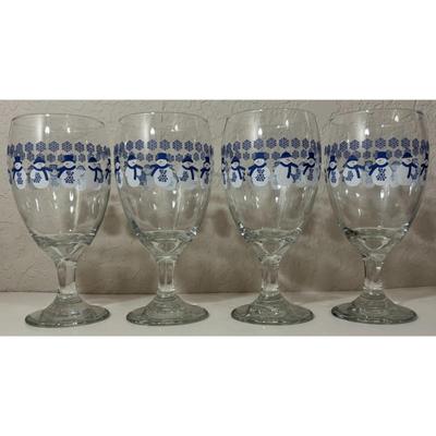 4 Vintage Libbey Snowmen Goblets Blue White Glasses Winter Snow Holidays - A