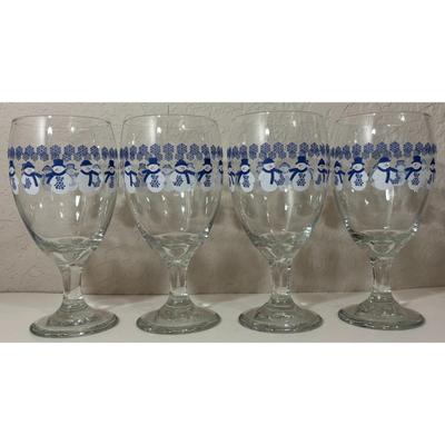 4 Vintage Libbey Snowmen Goblets Blue White Glasses Winter Snow Holidays - A
