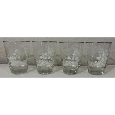 4 Vintage Libbey Mini Glass Tumblers Raised Tulips Silver Trim