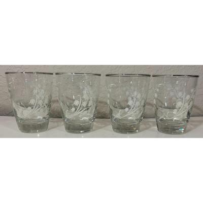4 Vintage Libbey Mini Glass Tumblers Raised Tulips Silver Trim