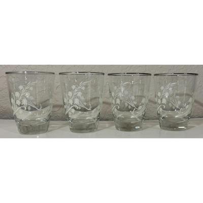 4 Vintage Libbey Mini Glass Tumblers Raised Tulips Silver Trim