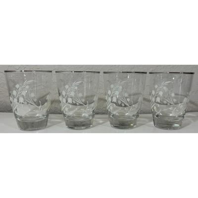 4 Vintage Libbey Mini Glass Tumblers Raised Tulips Silver Trim