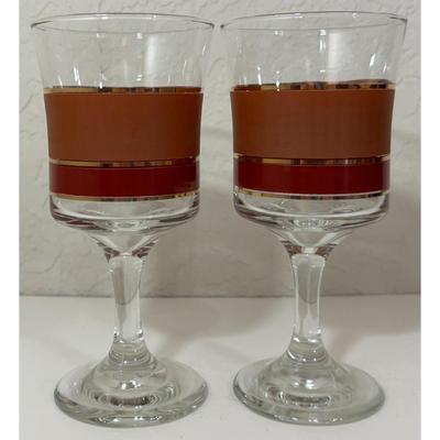 2 Vintage Libbey Brandywine Goblets / Glasses Red Gold Trim Footed Pedestal MCM