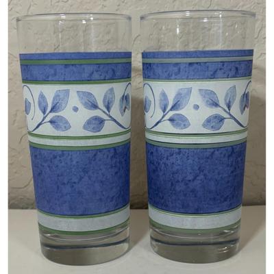2 Vintage Pfaltzgraff Orleans Blue Green Vines 16 oz. Glass Tumblers