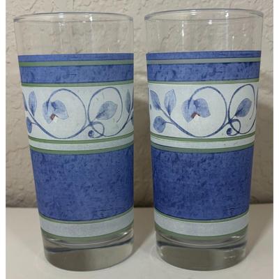 2 Vintage Pfaltzgraff Orleans Blue Green Vines 16 oz. Glass Tumblers