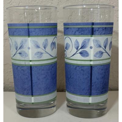 2 Vintage Pfaltzgraff Orleans Blue Green Vines 16 oz. Glass Tumblers
