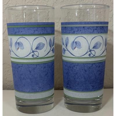 2 Vintage Pfaltzgraff Orleans Blue Green Vines 16 oz. Glass Tumblers