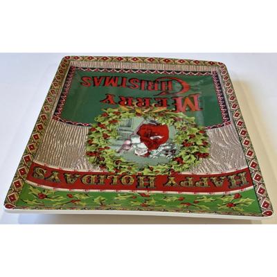 Vintage Happy Holidays Merry Christmas Santa Claus World Market Ceramic Platter