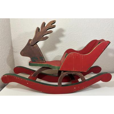 Vintage Wood Christmas Reindeer Sleigh Made In Philippines Holidays Red Green