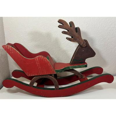 Vintage Wood Christmas Reindeer Sleigh Made In Philippines Holidays Red Green