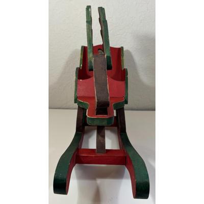 Vintage Wood Christmas Reindeer Sleigh Made In Philippines Holidays Red Green