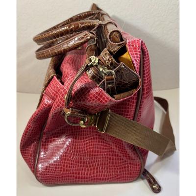 Samantha Burgundy Brown Faux Croc Embossed Weekender Carry On Dowel Travel Bag