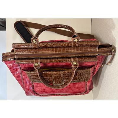 Samantha Burgundy Brown Faux Croc Embossed Weekender Carry On Dowel Travel Bag