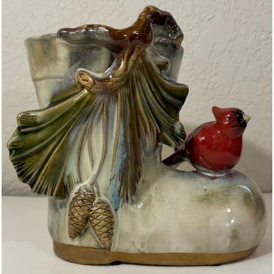 Vintage Ceramic Boot Pine Needles Cones Cardinal Planter Bird Tree Green Red