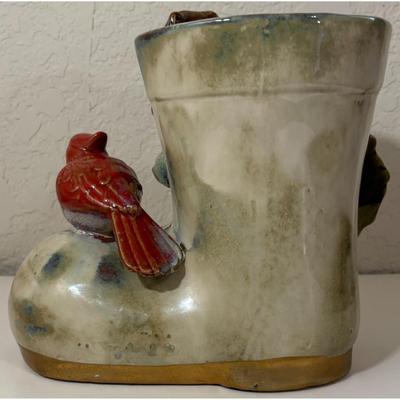 Vintage Ceramic Boot Pine Needles Cones Cardinal Planter Bird Tree Green Red
