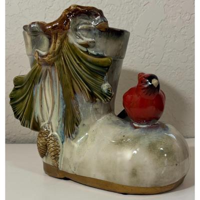 Vintage Ceramic Boot Pine Needles Cones Cardinal Planter Bird Tree Green Red