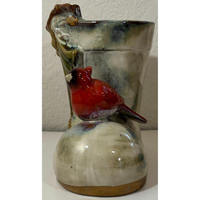 Vintage Ceramic Boot Pine Needles Cones Cardinal Planter Bird Tree Green Red