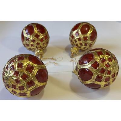 4 Vintage Red & Gold Plastic Christmas Ornaments Crown Royalty Holidays