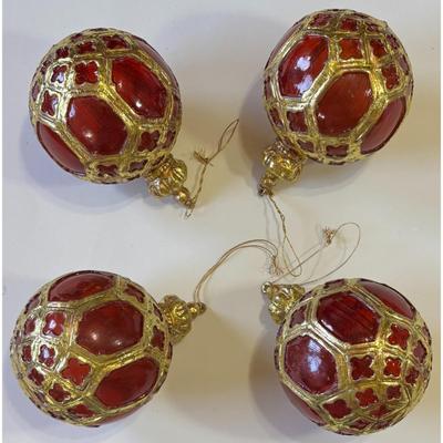 4 Vintage Red & Gold Plastic Christmas Ornaments Crown Royalty Holidays