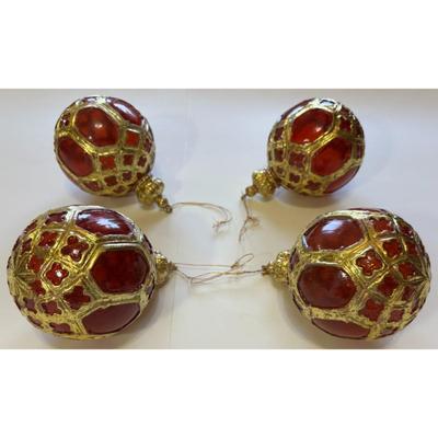 4 Vintage Red & Gold Plastic Christmas Ornaments Crown Royalty Holidays